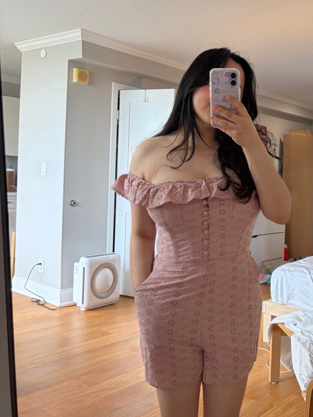 Kimchi Blue Dusty Rose Off-Shoulder Eyelet Romper